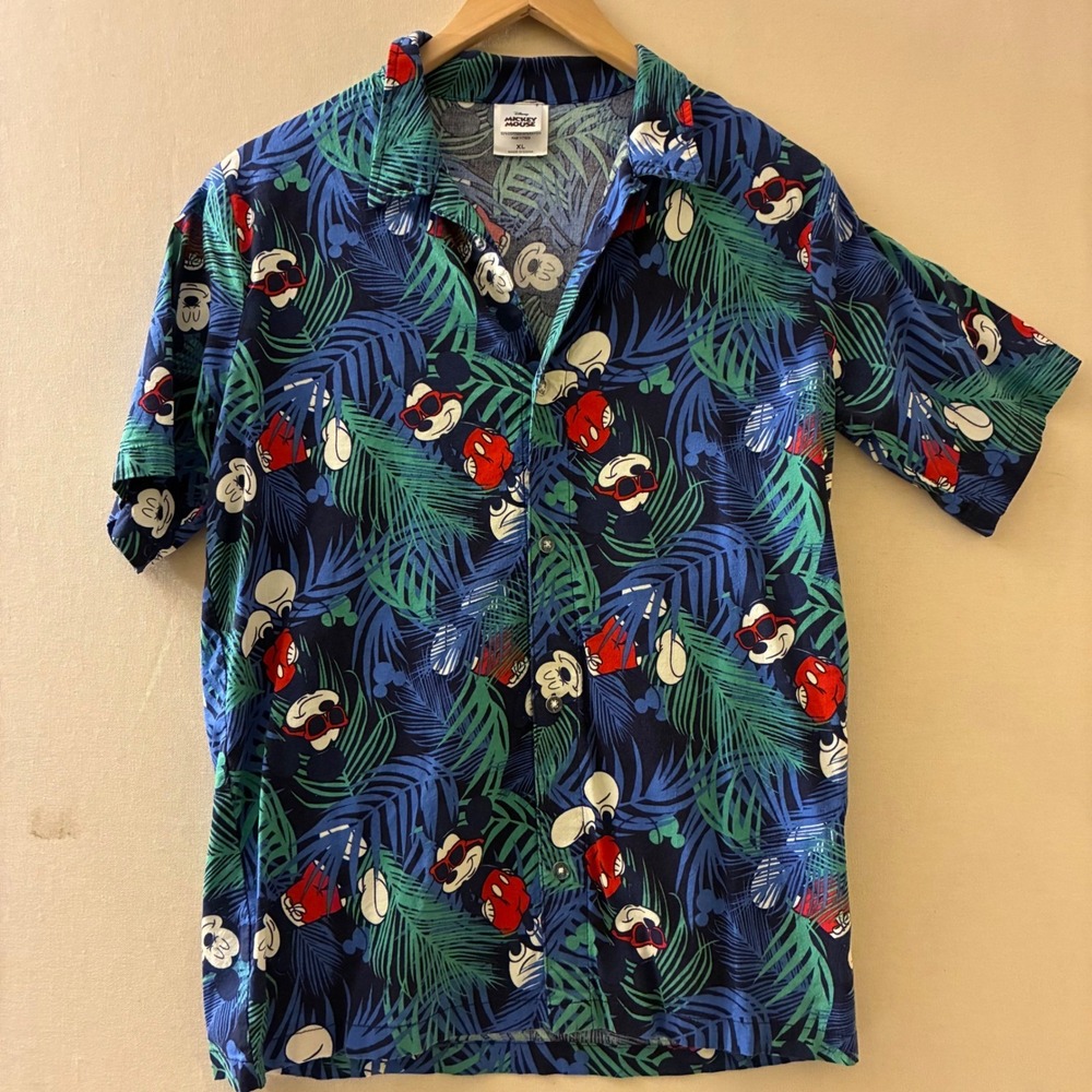Disney Mickey Mouse Hawaiian Shirt Shorts Set Youth XL Tropical Palm Button Down